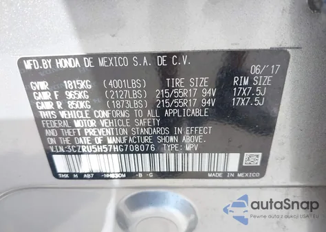 2017 Honda Hr-V Ex z USA, uszkodzony, nr VIN 3CZRU5H57HG708076